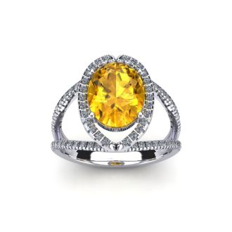 1 1/2 Carat Oval Shape Citrine and Halo Diamond Ring In 14 Karat White Gold
