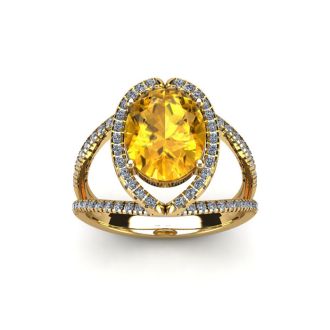 1 1/2 Carat Oval Shape Citrine and Halo Diamond Ring In 14 Karat Yellow Gold
