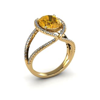 1 1/2 Carat Oval Shape Citrine and Halo Diamond Ring In 14 Karat Yellow Gold
