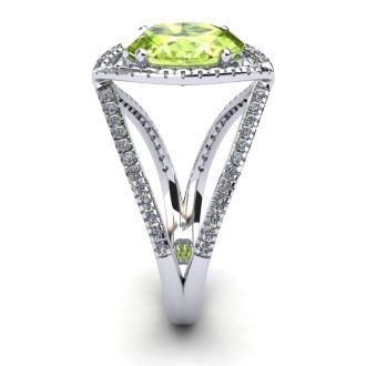 1 3/4 Carat Oval Shape Peridot and Halo Diamond Ring In 14 Karat White Gold