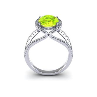 1 3/4 Carat Oval Shape Peridot and Halo Diamond Ring In 14 Karat White Gold