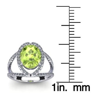 1 3/4 Carat Oval Shape Peridot and Halo Diamond Ring In 14 Karat White Gold