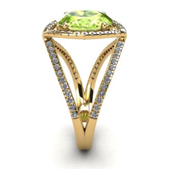1 3/4 Carat Oval Shape Peridot and Halo Diamond Ring In 14 Karat Yellow Gold