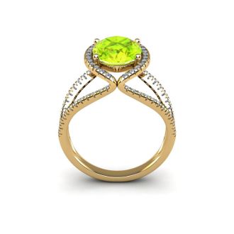 1 3/4 Carat Oval Shape Peridot and Halo Diamond Ring In 14 Karat Yellow Gold