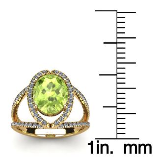 1 3/4 Carat Oval Shape Peridot and Halo Diamond Ring In 14 Karat Yellow Gold