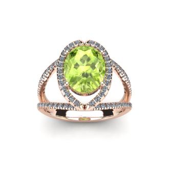 1 3/4 Carat Oval Shape Peridot and Halo Diamond Ring In 14 Karat Rose Gold