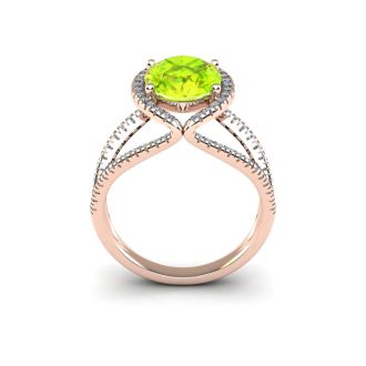 1 3/4 Carat Oval Shape Peridot and Halo Diamond Ring In 14 Karat Rose Gold