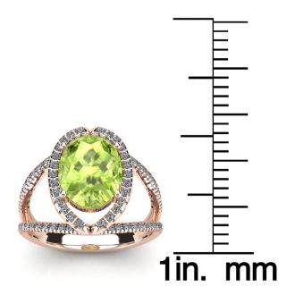 1 3/4 Carat Oval Shape Peridot and Halo Diamond Ring In 14 Karat Rose Gold