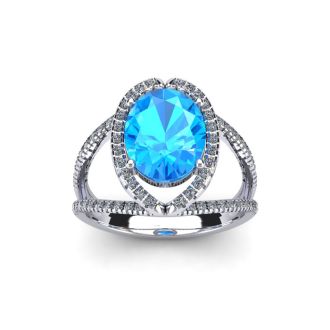 2 Carat Oval Shape Blue Topaz and Halo Diamond Ring In 14 Karat White Gold