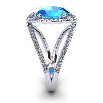 2 Carat Oval Shape Blue Topaz and Halo Diamond Ring In 14 Karat White Gold
