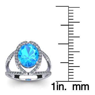 2 Carat Oval Shape Blue Topaz and Halo Diamond Ring In 14 Karat White Gold