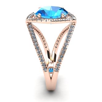 2 Carat Oval Shape Blue Topaz and Halo Diamond Ring In 14 Karat Rose Gold