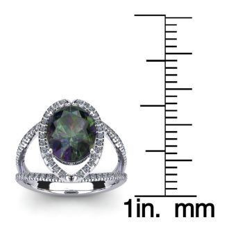1-1/2 Carat Oval Shape Mystic Topaz Ring With Fancy Diamond Halo In 14 Karat White Gold