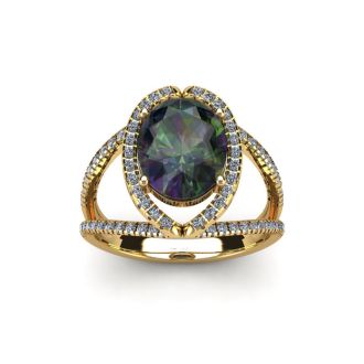 1-1/2 Carat Oval Shape Mystic Topaz Ring With Fancy Diamond Halo In 14 Karat Yellow Gold