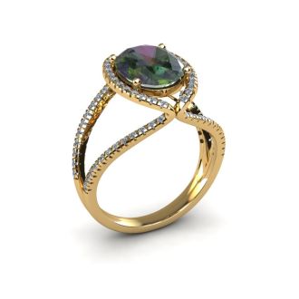 1-1/2 Carat Oval Shape Mystic Topaz Ring With Fancy Diamond Halo In 14 Karat Yellow Gold