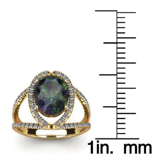 1 1/2 Carat Oval Shape Mystic Topaz and Halo Diamond Ring In 14 Karat Yellow Gold