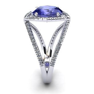 1 3/4 Carat Oval Shape Tanzanite and Halo Diamond Ring In 14 Karat White Gold
