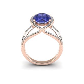 1 3/4 Carat Oval Shape Tanzanite and Halo Diamond Ring In 14 Karat Rose Gold

