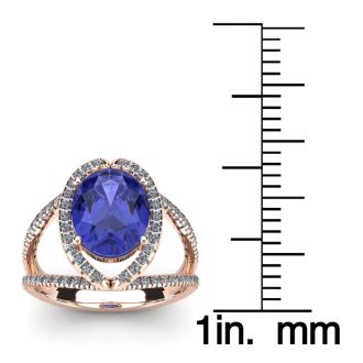 1 3/4 Carat Oval Shape Tanzanite and Halo Diamond Ring In 14 Karat Rose Gold


