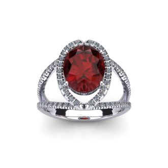 Garnet Ring: Garnet Jewelry: 2 Carat Oval Shape Garnet and Halo Diamond Ring In 14 Karat White Gold
