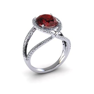 Garnet Ring: Garnet Jewelry: 2 Carat Oval Shape Garnet and Halo Diamond Ring In 14 Karat White Gold
