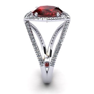 Garnet Ring: Garnet Jewelry: 2 Carat Oval Shape Garnet and Halo Diamond Ring In 14 Karat White Gold
