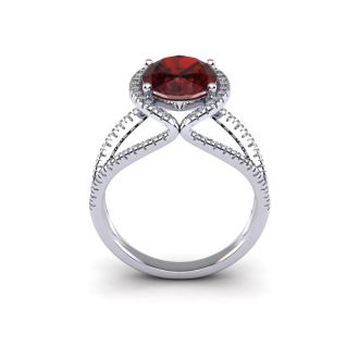 Garnet Ring: Garnet Jewelry: 2 Carat Oval Shape Garnet and Halo Diamond Ring In 14 Karat White Gold
