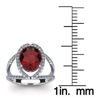 Garnet Ring: Garnet Jewelry: 2 Carat Oval Shape Garnet and Halo Diamond Ring In 14 Karat White Gold
