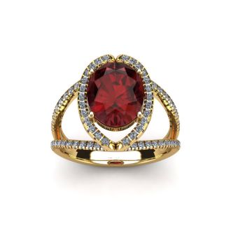 Garnet Ring: Garnet Jewelry: 2 Carat Oval Shape Garnet and Halo Diamond Ring In 14 Karat Yellow Gold

