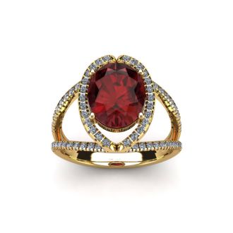 Garnet Ring: Garnet Jewelry: 2 Carat Oval Shape Garnet and Halo Diamond Ring In 14 Karat Yellow Gold
