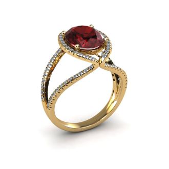 Garnet Ring: Garnet Jewelry: 2 Carat Oval Shape Garnet and Halo Diamond Ring In 14 Karat Yellow Gold
