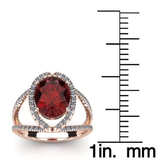 Garnet Ring: Garnet Jewelry: 2 Carat Oval Shape Garnet and Halo Diamond Ring In 14 Karat Rose Gold
