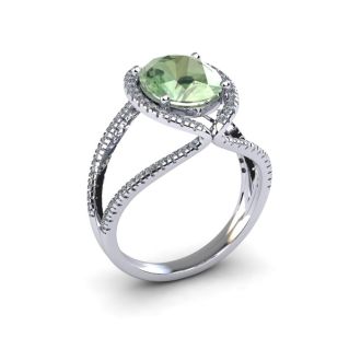 1 1/2 Carat Oval Shape Green Amethyst and Halo Diamond Ring In 14 Karat White Gold
