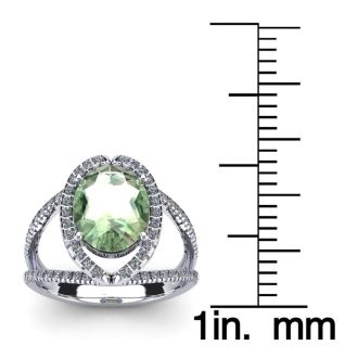 1 1/2 Carat Oval Shape Green Amethyst and Halo Diamond Ring In 14 Karat White Gold
