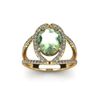 1 1/2 Carat Oval Shape Green Amethyst and Halo Diamond Ring In 14 Karat Yellow Gold

