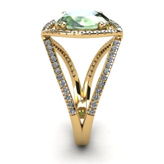 1 1/2 Carat Oval Shape Green Amethyst and Halo Diamond Ring In 14 Karat Yellow Gold

