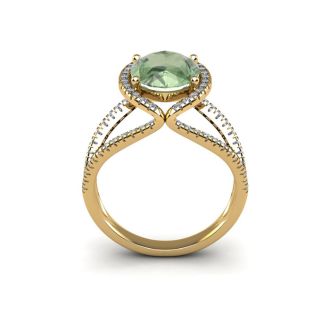 1 1/2 Carat Oval Shape Green Amethyst and Halo Diamond Ring In 14 Karat Yellow Gold
