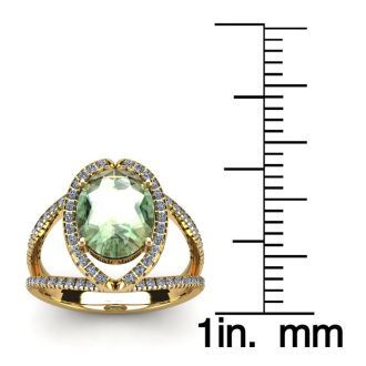 1 1/2 Carat Oval Shape Green Amethyst and Halo Diamond Ring In 14 Karat Yellow Gold
