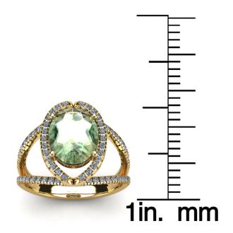 1 1/2 Carat Oval Shape Green Amethyst and Halo Diamond Ring In 14 Karat Yellow Gold
