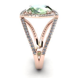 1 1/2 Carat Oval Shape Green Amethyst and Halo Diamond Ring In 14 Karat Rose Gold
