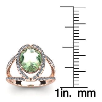 1 1/2 Carat Oval Shape Green Amethyst and Halo Diamond Ring In 14 Karat Rose Gold

