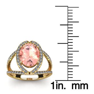1-1/2 Carat Oval Shape Morganite and Halo Diamond Ring In 14 Karat Yellow Gold
