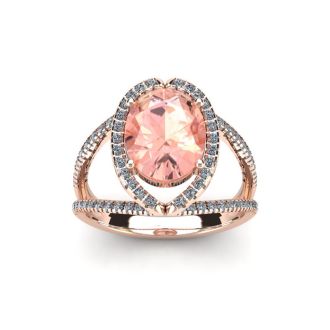 1 1/2 Carat Oval Shape Morganite and Halo Diamond Ring In 14 Karat Rose Gold
