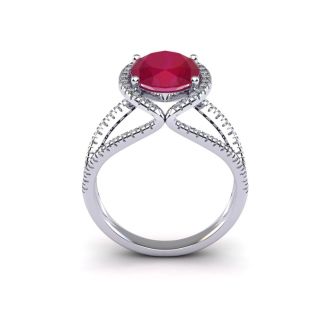 2 Carat Oval Shape Ruby and Halo Diamond Ring In 14 Karat White Gold
