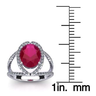 2 Carat Oval Shape Ruby and Halo Diamond Ring In 14 Karat White Gold
