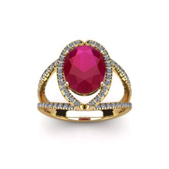 2 Carat Oval Shape Ruby and Halo Diamond Ring In 14 Karat Yellow Gold