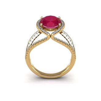2 Carat Oval Shape Ruby and Halo Diamond Ring In 14 Karat Yellow Gold