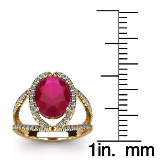 2 Carat Oval Shape Ruby and Halo Diamond Ring In 14 Karat Yellow Gold