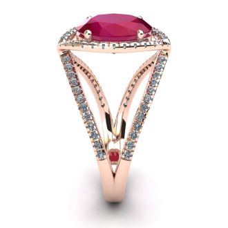 2 Carat Oval Shape Ruby and Halo Diamond Ring In 14 Karat Rose Gold