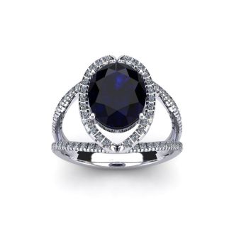 2 Carat Oval Shape Sapphire and Halo Diamond Ring In 14 Karat White Gold
